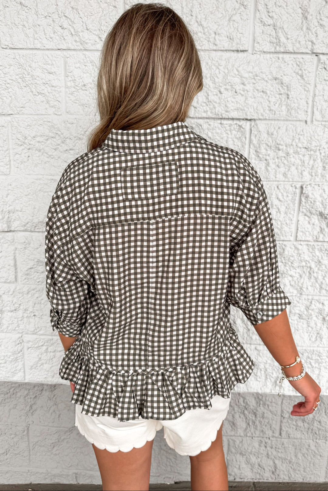 dark olive and cream gingham checkered print button front puff sleeve peplum top