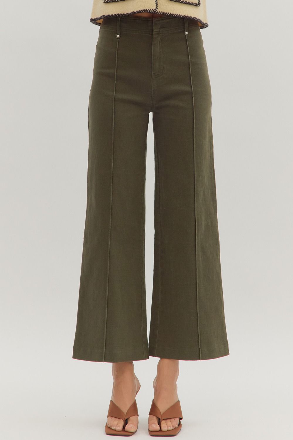 Women's olive denim cropped pants with pintuck seam detail by Entro