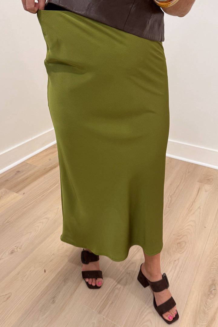 classy solid olive green lightweight satin midi skirt with hidden inner elastic waistband