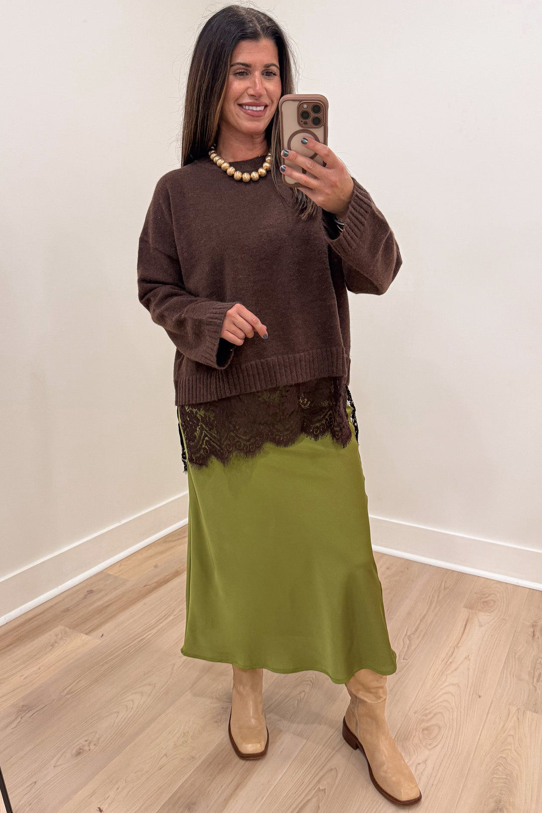 classy solid olive green flattering relaxed fit lightweight satin midi skirt