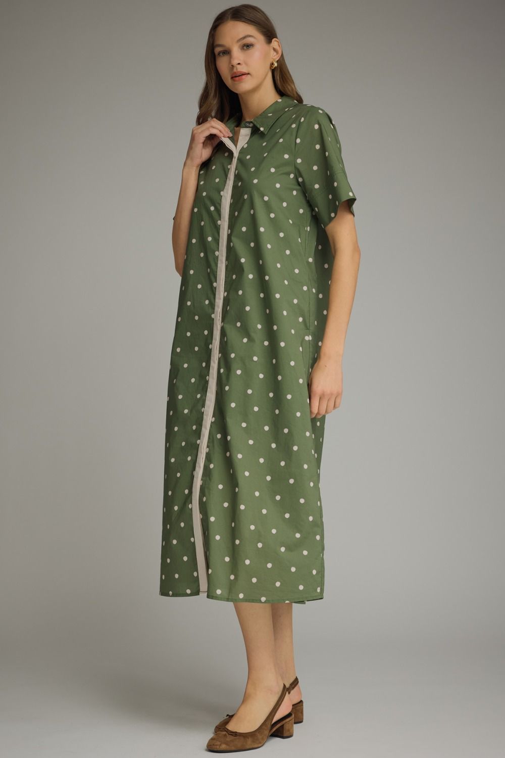 Entro olive and off white polka dot button front poplin midi dress with off white trim
