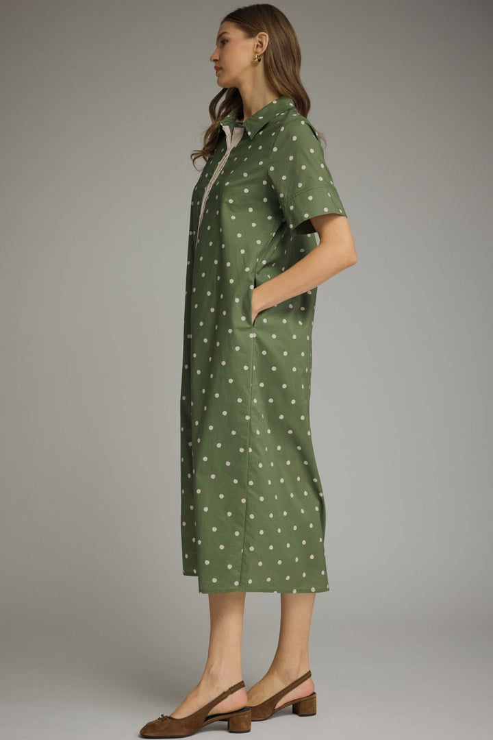 Entro olive and off white polka dot button front poplin midi dress with side pockets