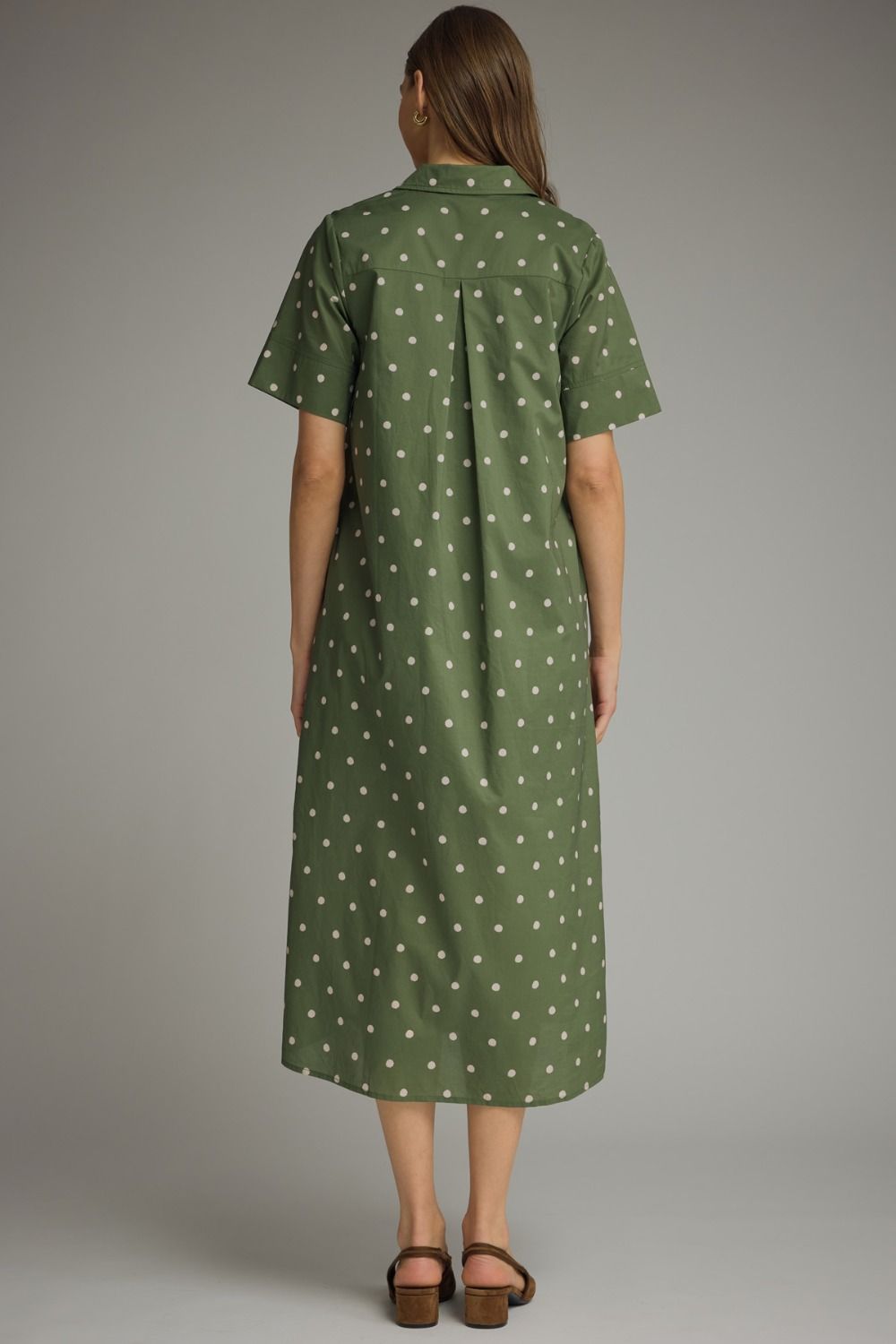 Entro olive and off white polka dot button front poplin midi dress with a flattering silhouette