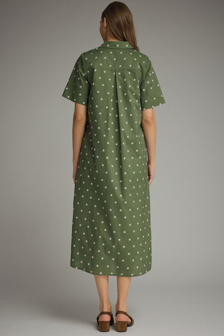 Entro olive and off white polka dot button front poplin midi dress with a flattering silhouette