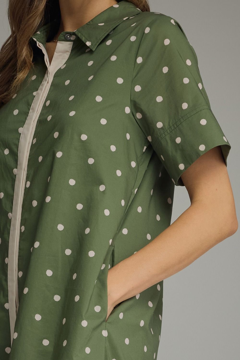 Entro olive and off white polka dot button front poplin midi dress with short sleeves