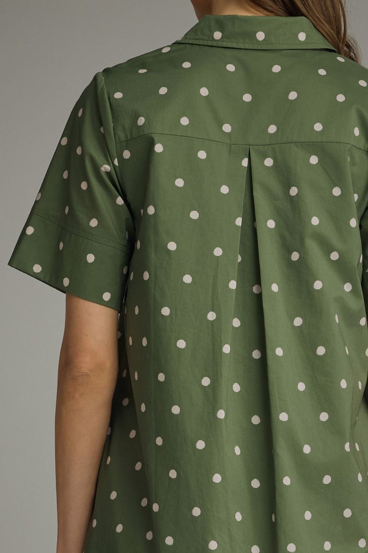 Entro olive and off white polka dot button front poplin midi dress with a tiered detail in back at shoulders