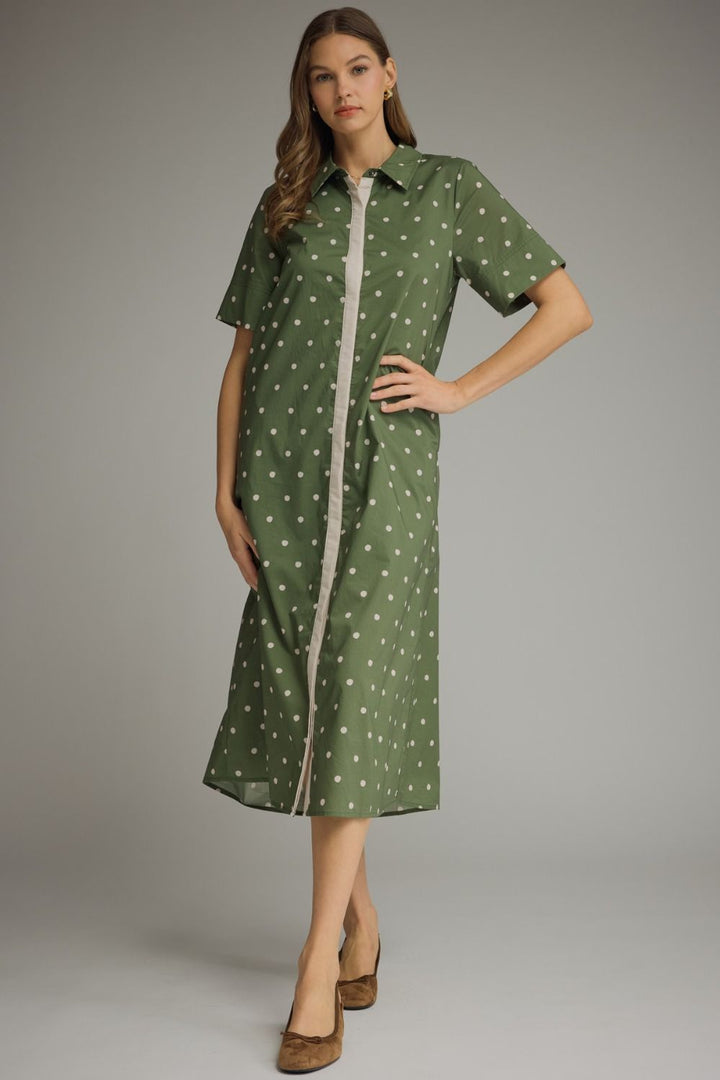Entro olive and off white polka dot button front poplin midi dress 
