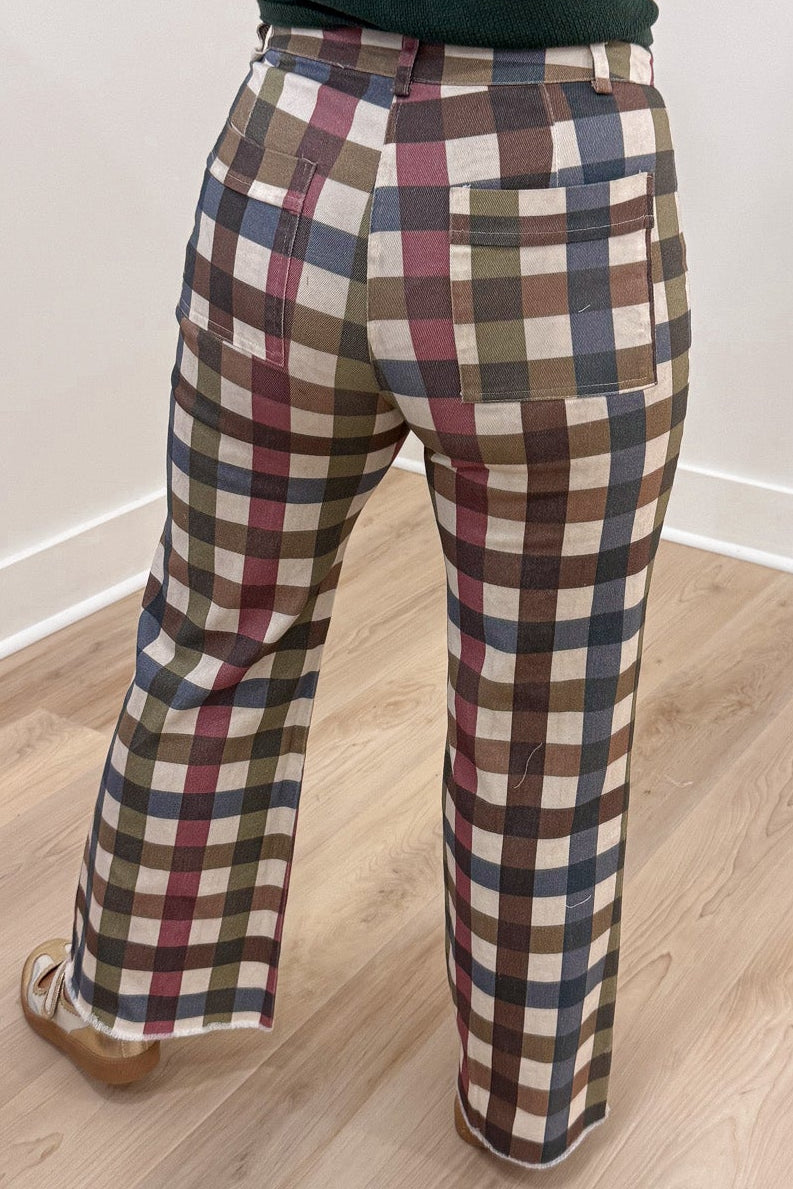 olive brown blue ivory and burgundy washed plaid print wide leg twill denim pants with back pockets