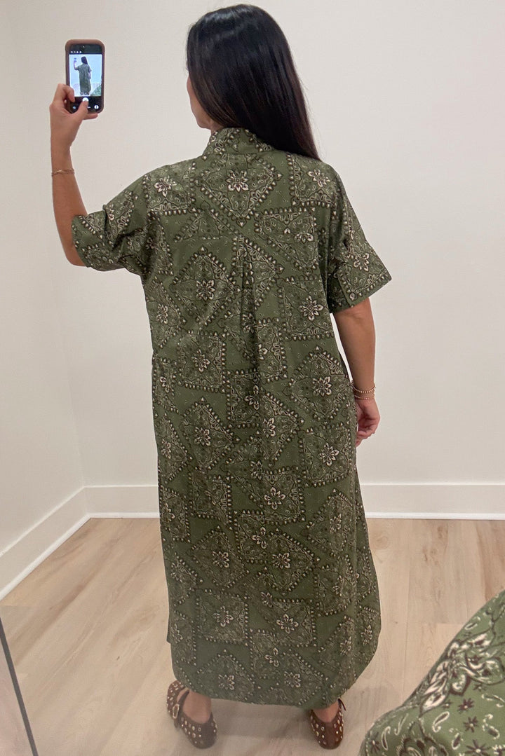 olive green with white bandana print short sleeve relaxed fit poplin cotton maxi dress with back gathered detail