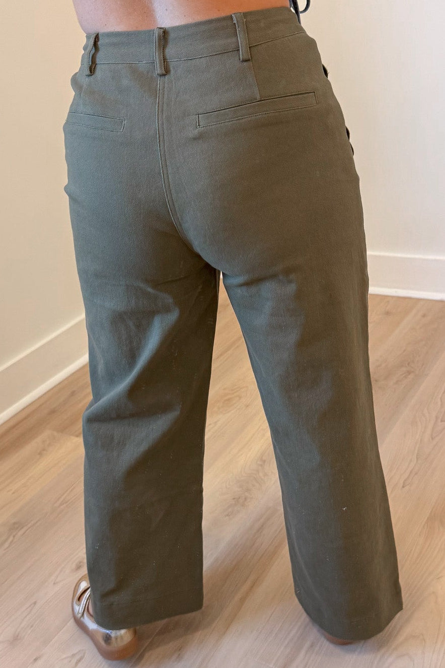 solid olive green wide leg high waisted scalloped trim twill denim pants with faux back pockets
