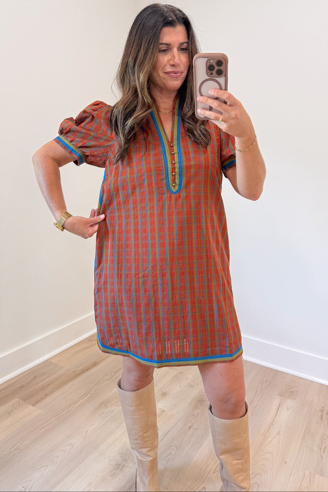 burnt orange blue and olive green plaid print short sleeve v neckline relaxed silhouette short dress