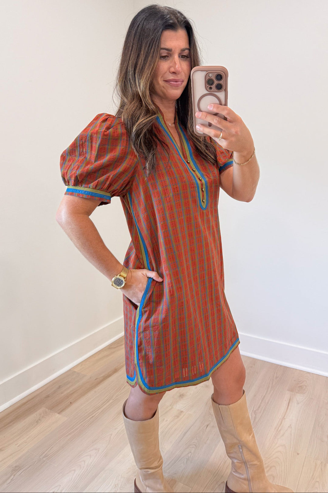 burnt orange blue and olive green plaid print short sleeve v neckline short dress with side pockets