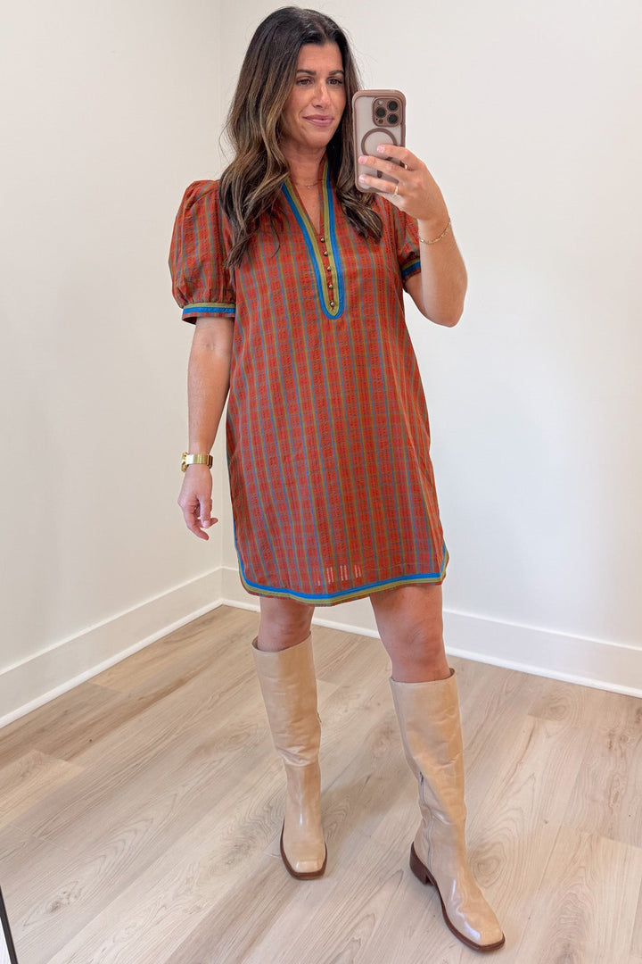 burnt orange blue and olive green plaid print short sleeve v neckline cotton short dress