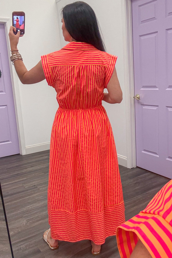 playful orange and pink striped collared v neckline poplin midi dress