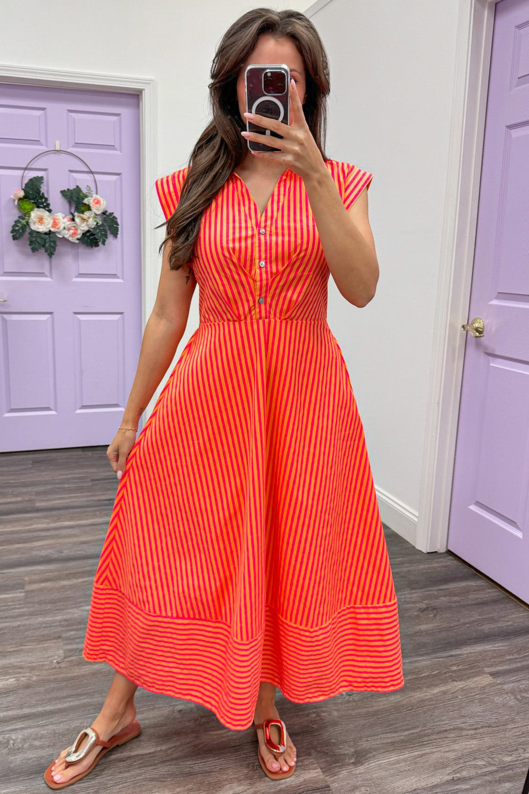 orange and pink striped collared v neckline buttoned bodice poplin midi dress