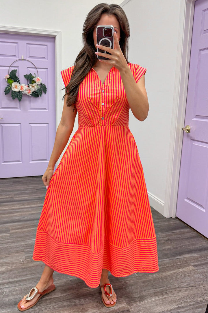 orange and pink striped collared v neckline buttoned bodice poplin midi dress
