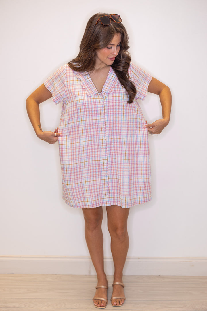 pastel multicolor plaid print scallop collar mini dress relaxed silhouette