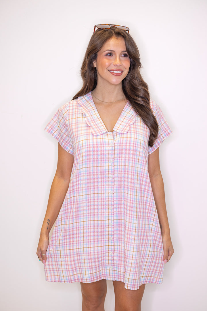 pastel multicolor plaid print short sleeve button down mini dress