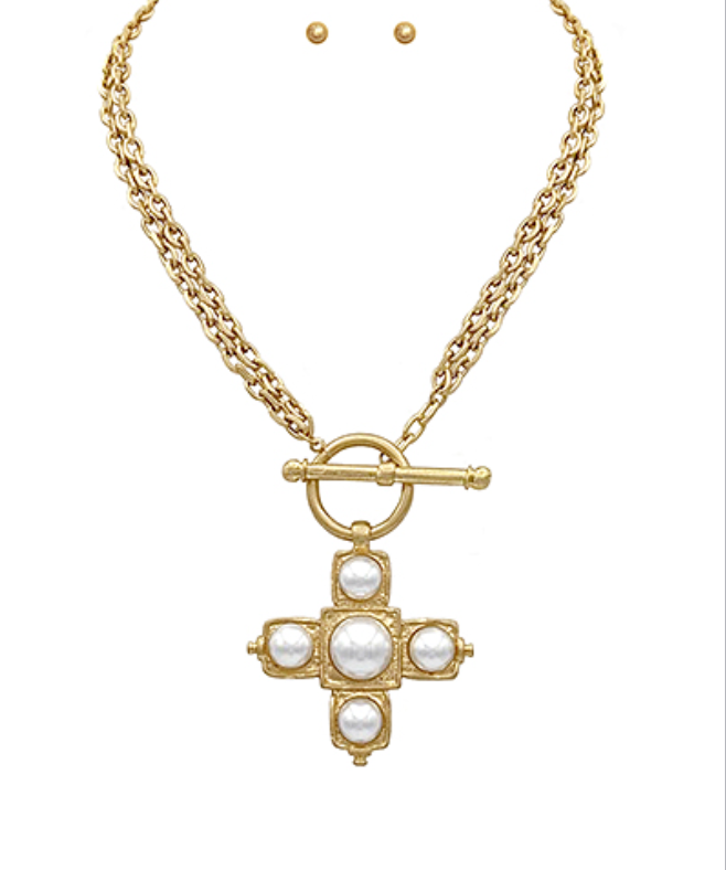 Chunky gold and pearl cross necklace designer dupe