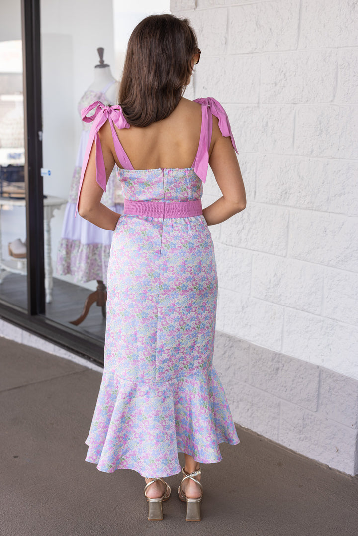 pink and blue floral print sleeveless mermaid midi dress fitted silhouette