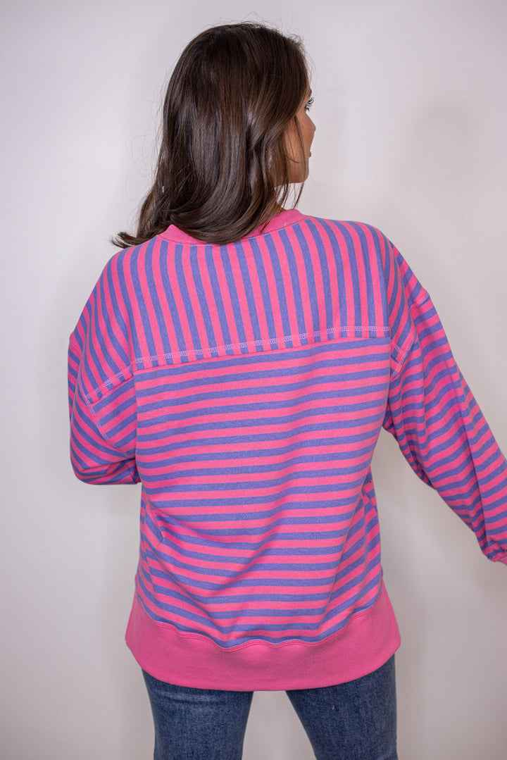 pink blue striped knit crewneck top