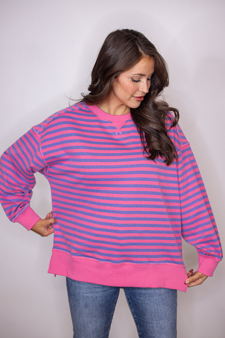 pink blue striped knit crewneck top