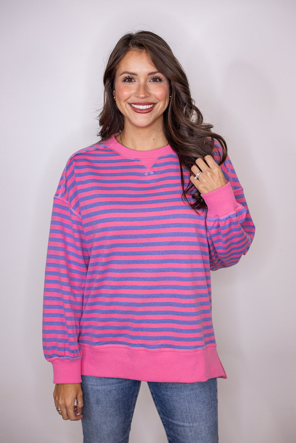 pink blue striped knit crewneck top