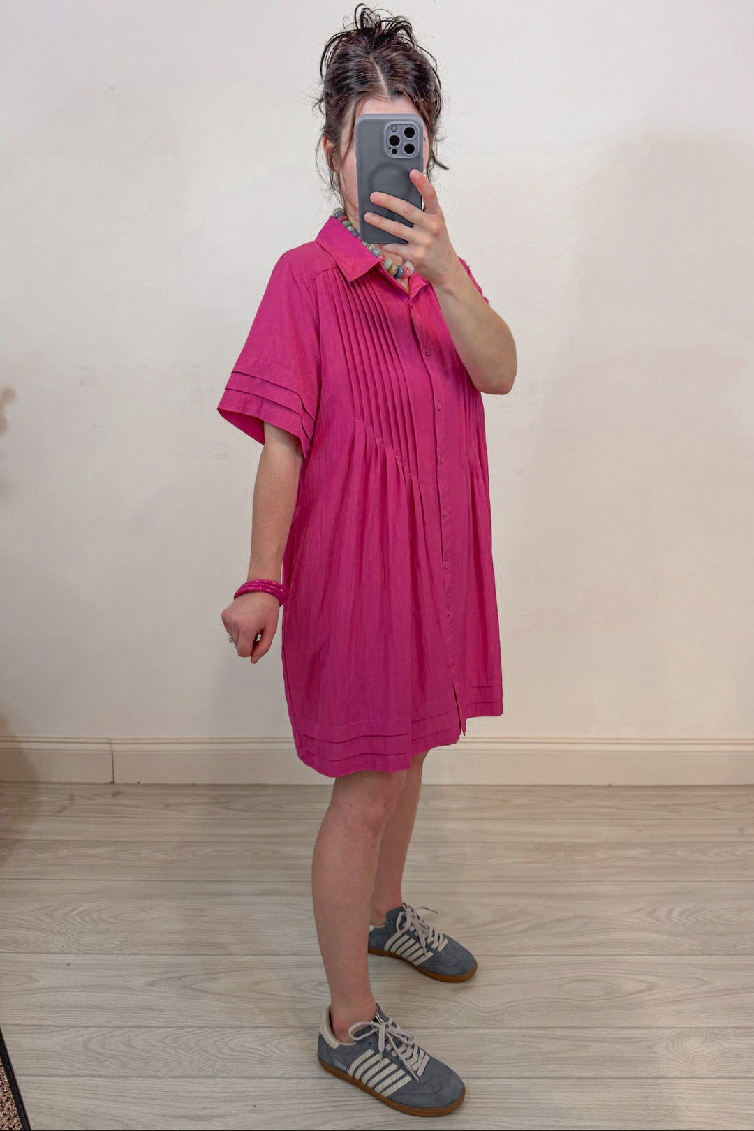 spring pink button down collared pintuck trimmed hem mini dress