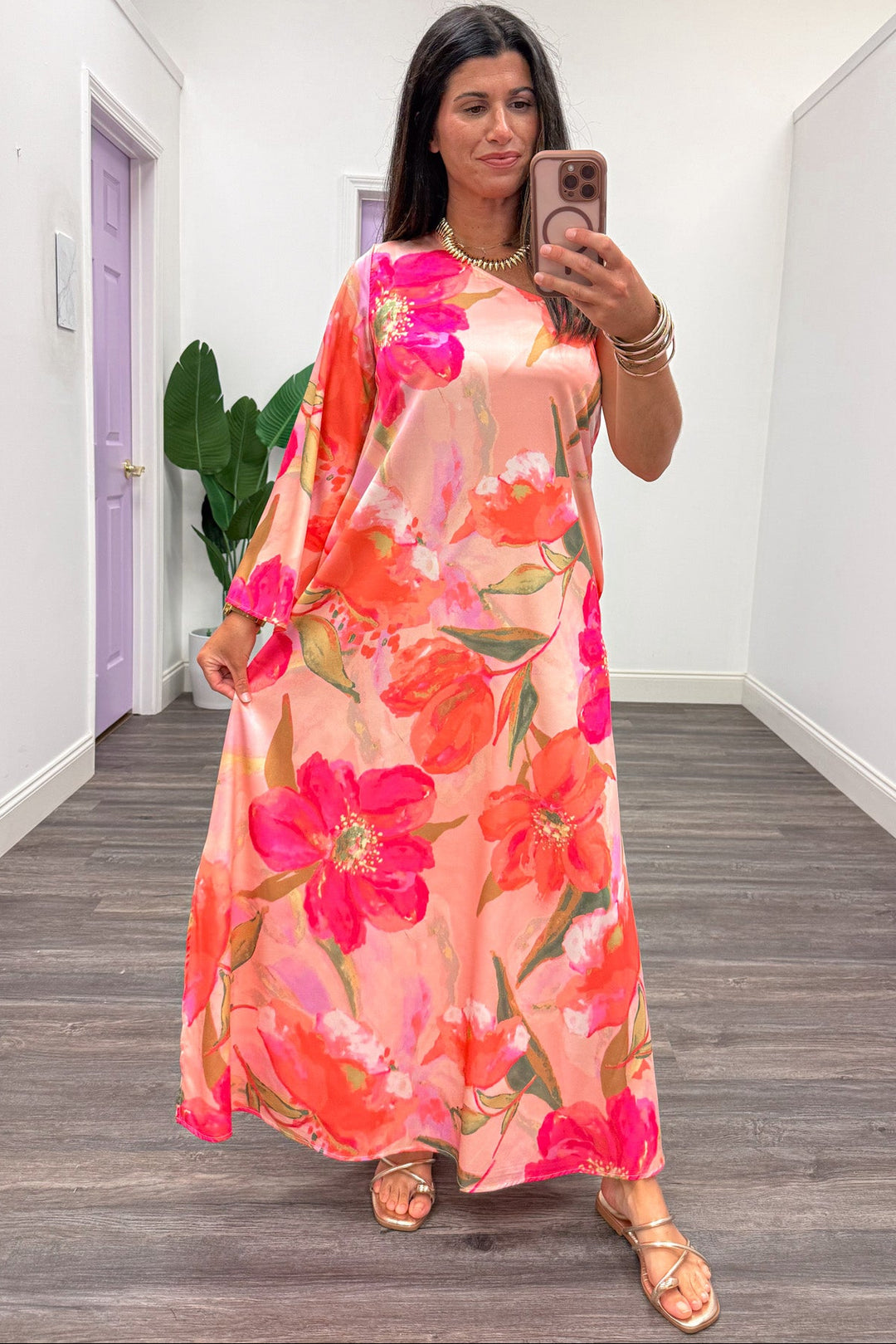 pink and coral large floral print one shoulder 3/4 sleeve relaxed silhouette maxi dress