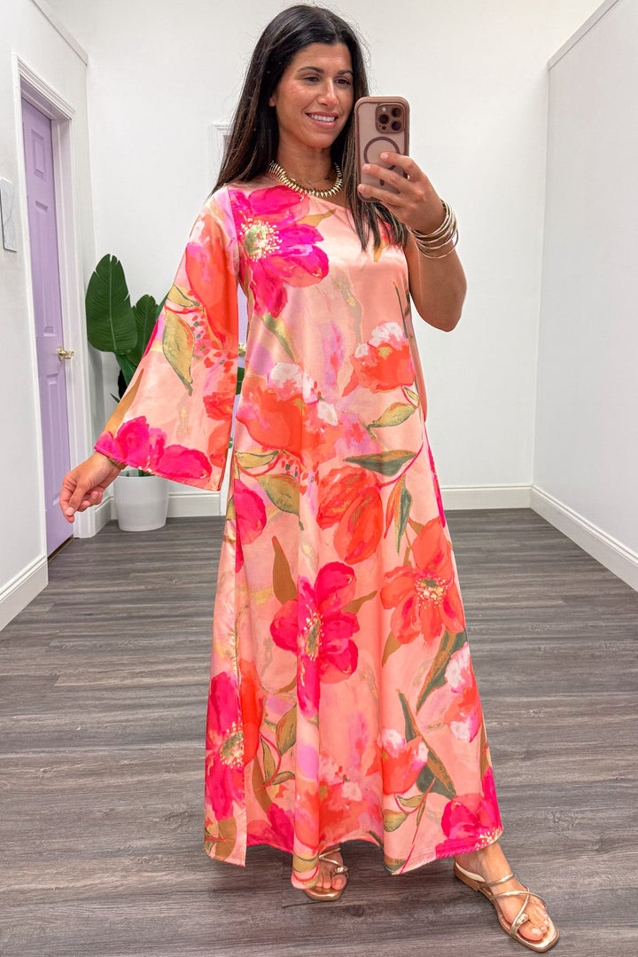 pink and coral large floral print one shoulder neckline 3/4 sleeve maxi dress