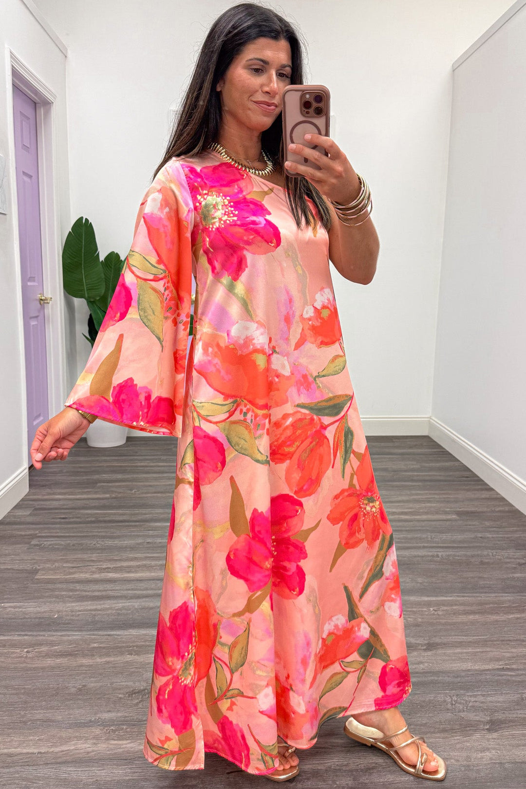 pink and orange large floral print one shoulder 3/4 sleeve maxi dress
