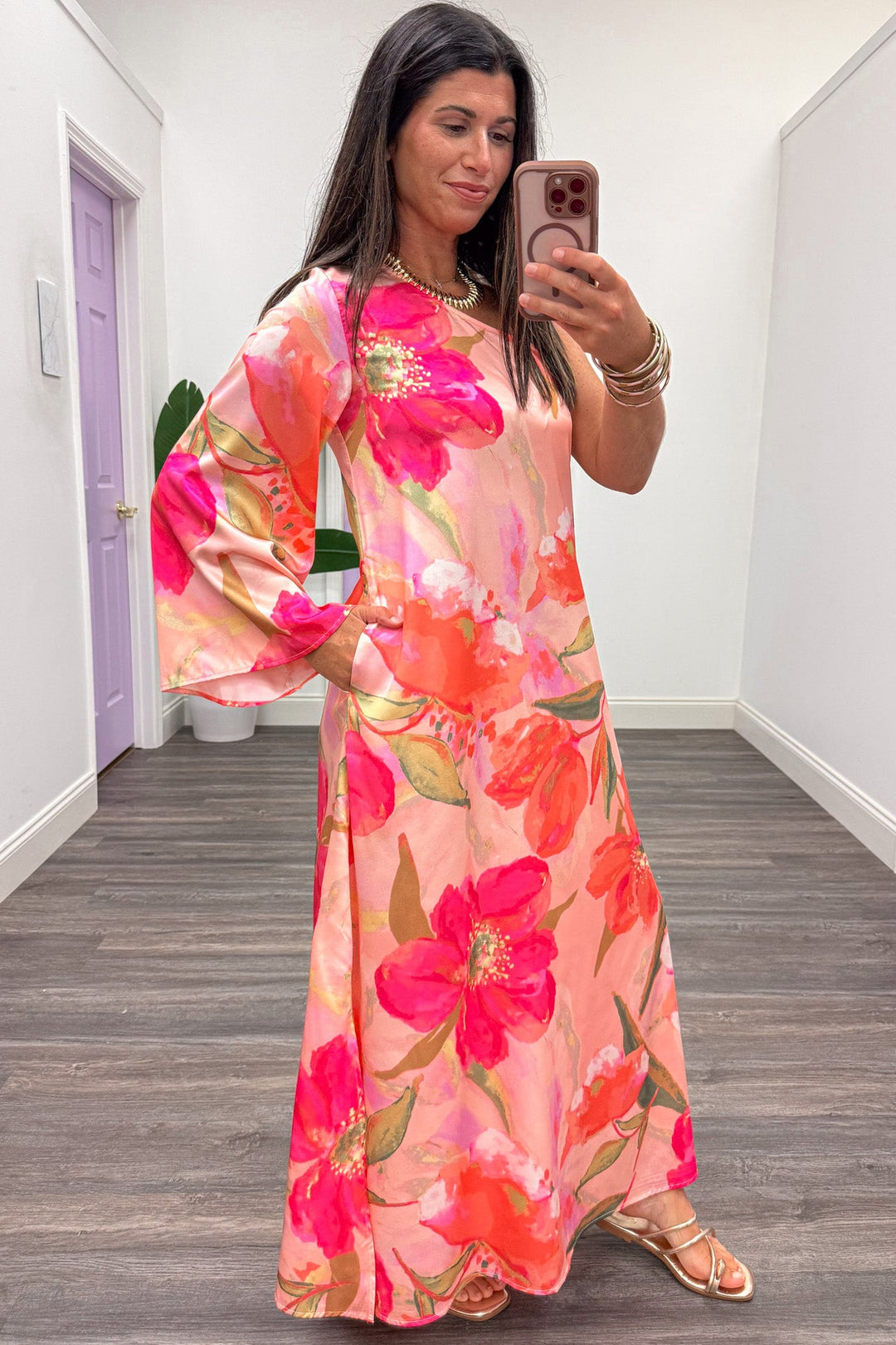 pink and coral large floral print one shoulder 3/4 sleeve maxi dress with side pockets