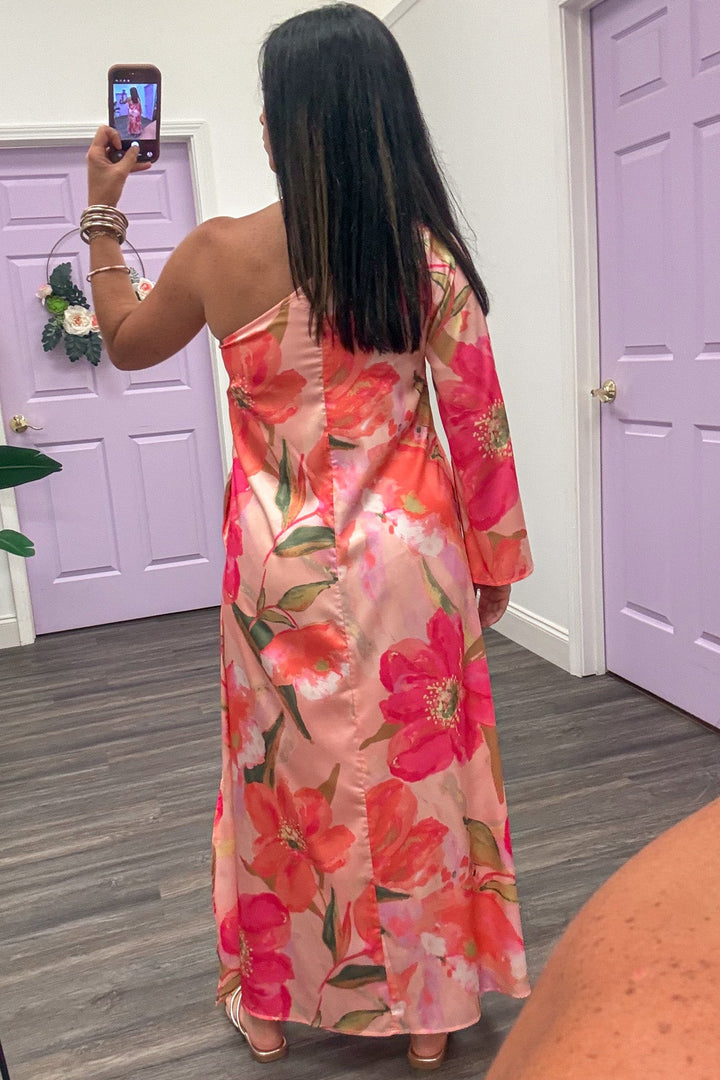 pink and coral large floral print one shoulder 3/4 sleeve back zipper closure maxi dress