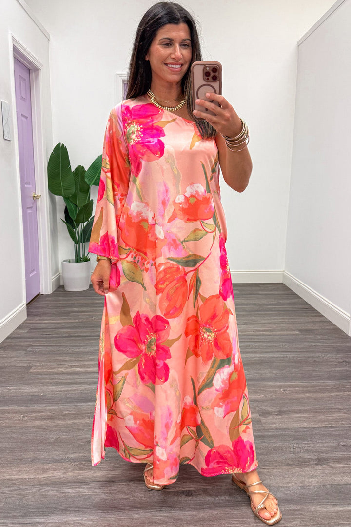 pink and coral large floral print one shoulder 3/4 sleeve maxi dress