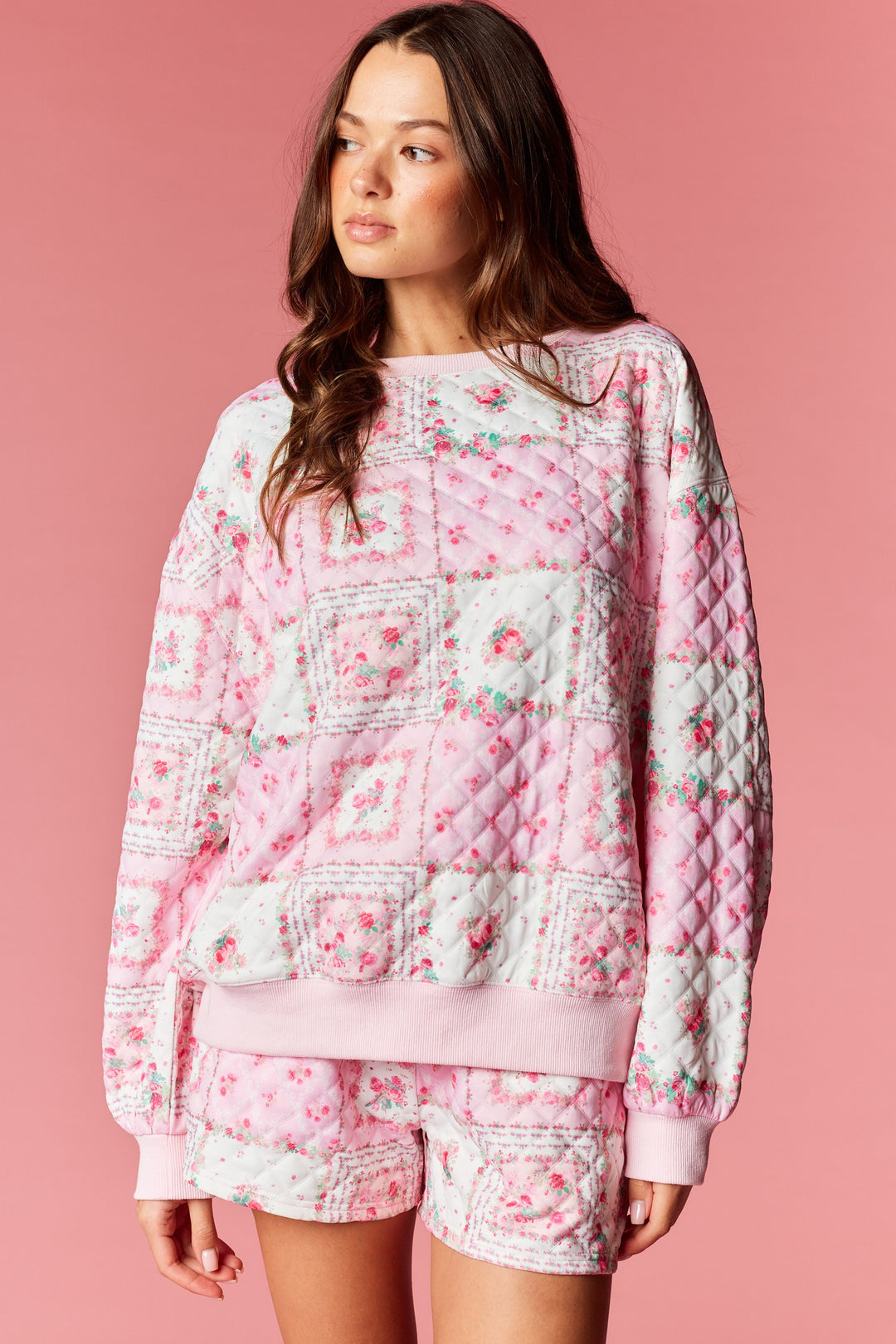 patchwork floral print quilted shorts set