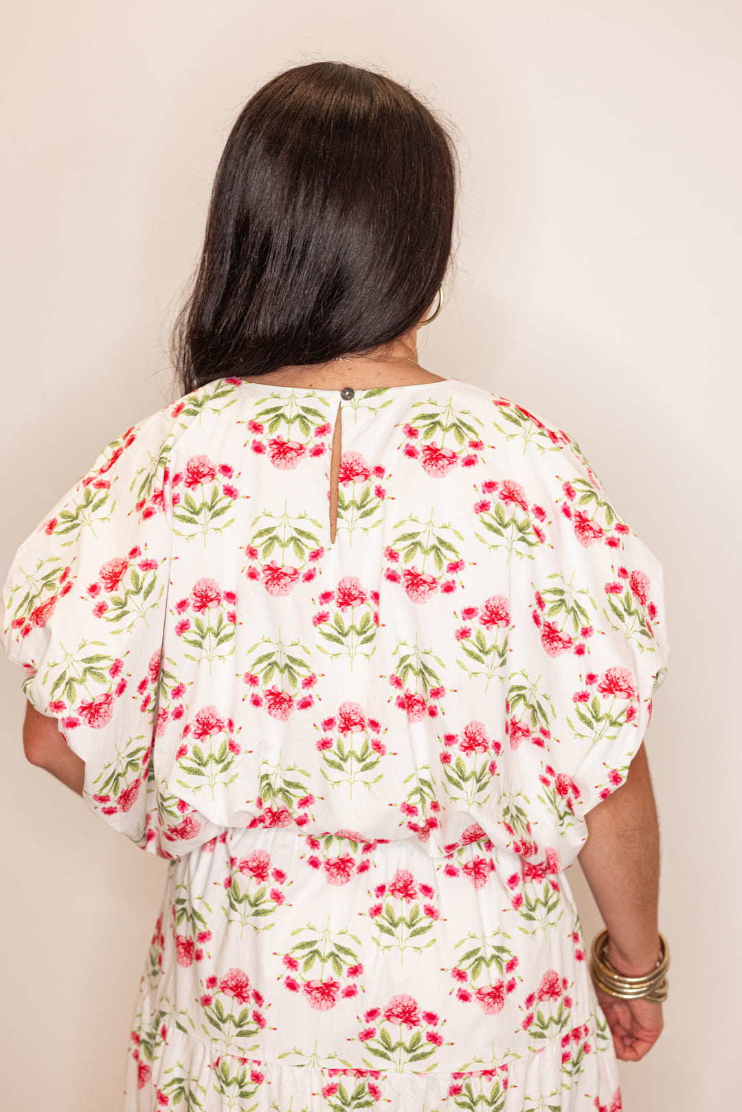 pink floral print bubble hem top