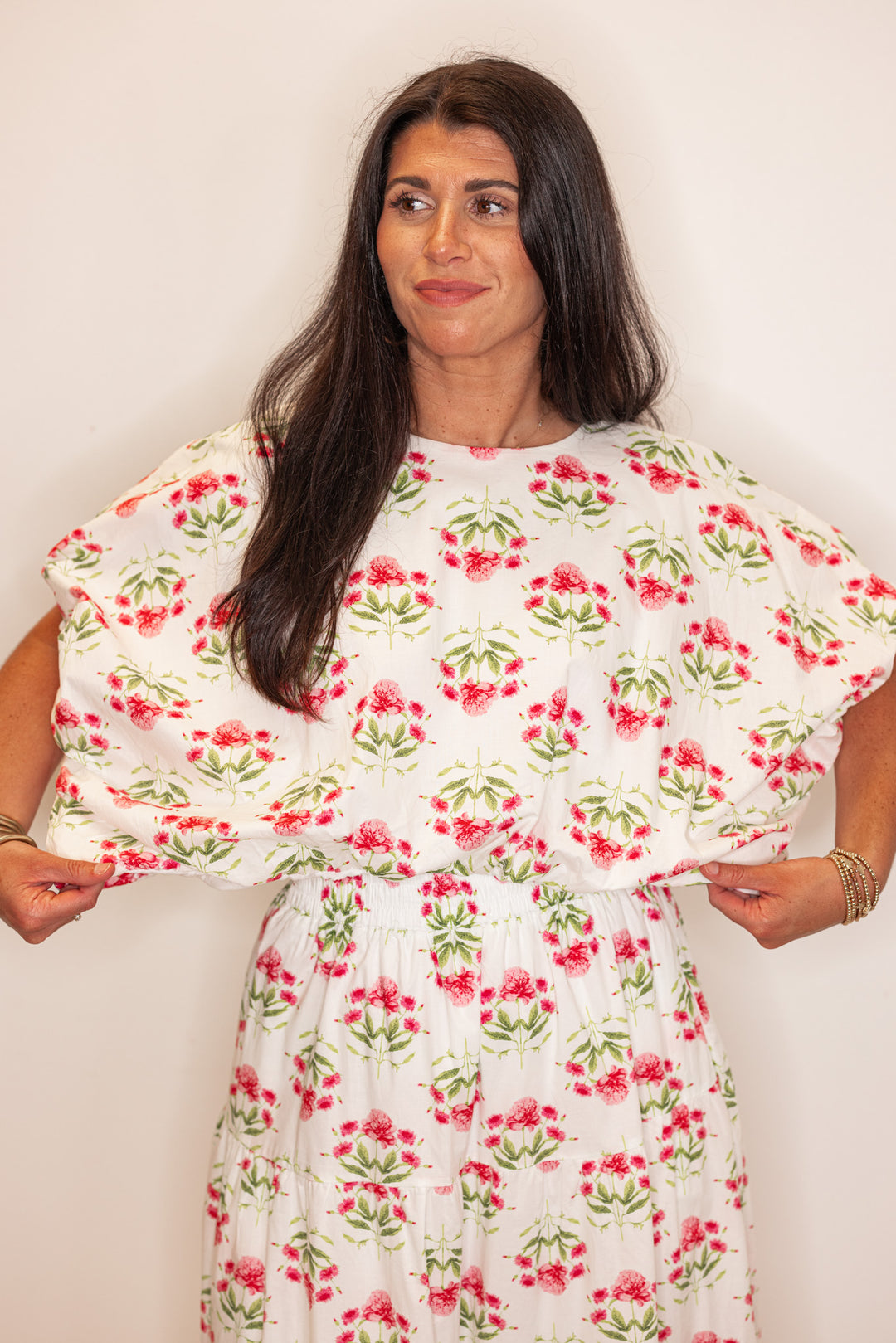 pink floral print bubble hem top