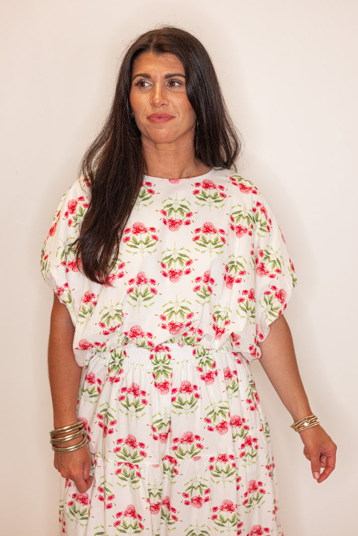 pink floral print bubble hem top