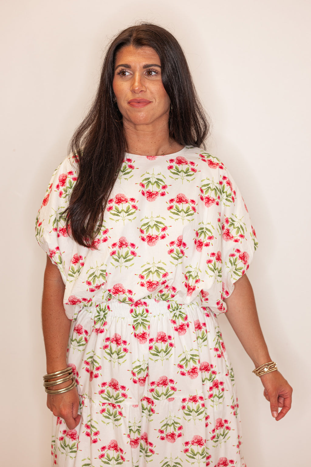 pink floral print bubble hem top