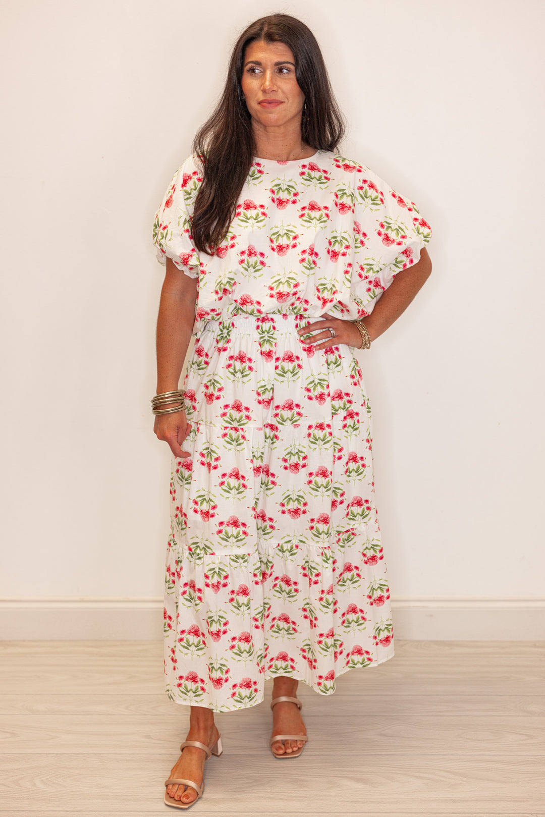 pink floral print bubble hem top
