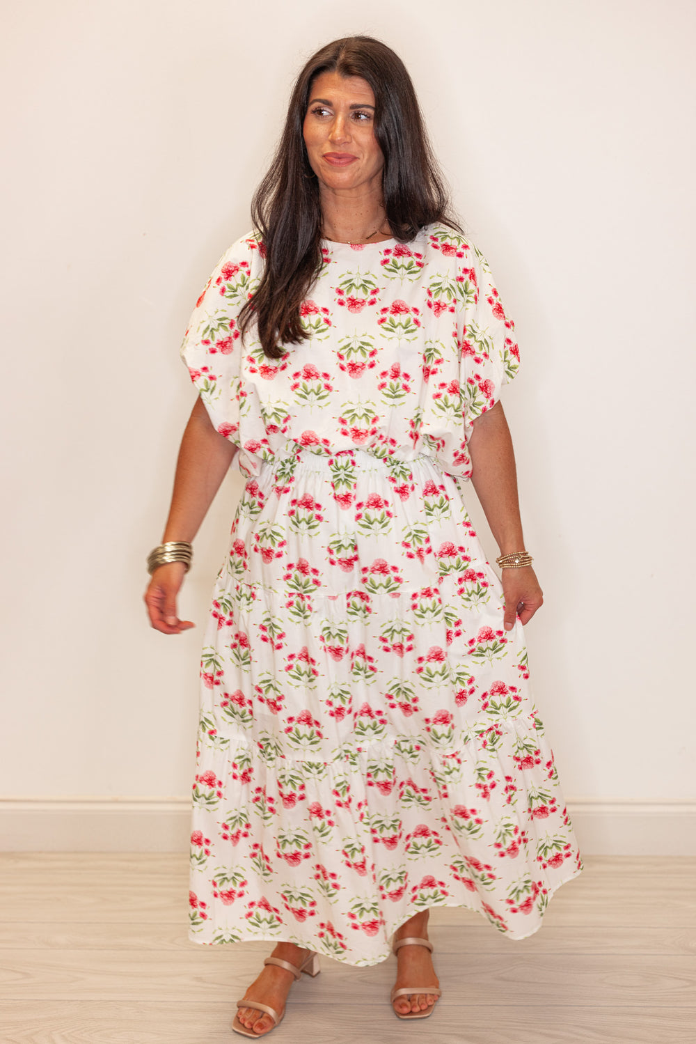 pink floral print bubble hem top