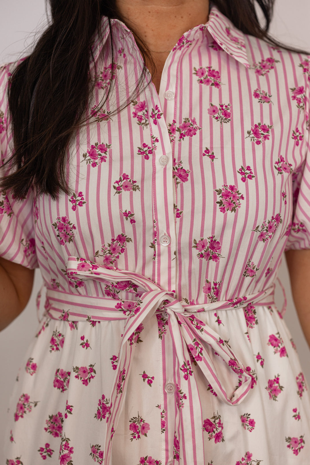 cotton pink white stripe floral midi dress