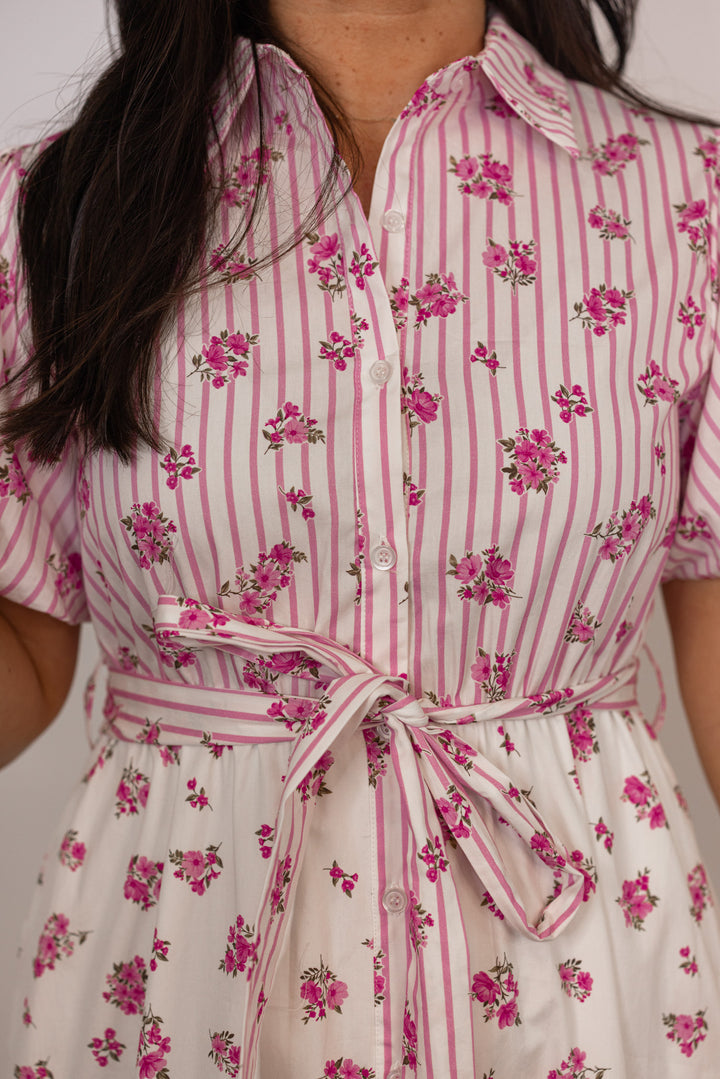 cotton pink white stripe floral midi dress