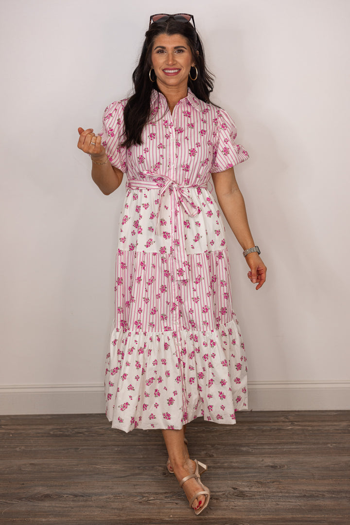 cotton pink white stripe floral midi dress