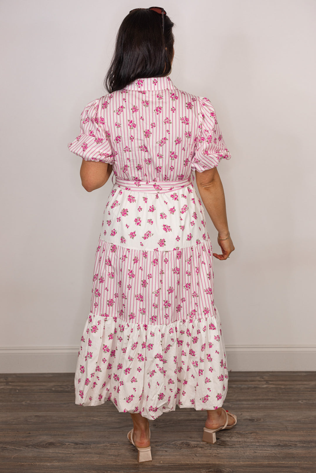 cotton pink white stripe floral midi dress
