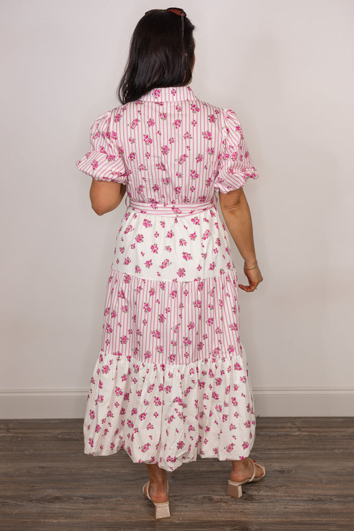 cotton pink white stripe floral midi dress