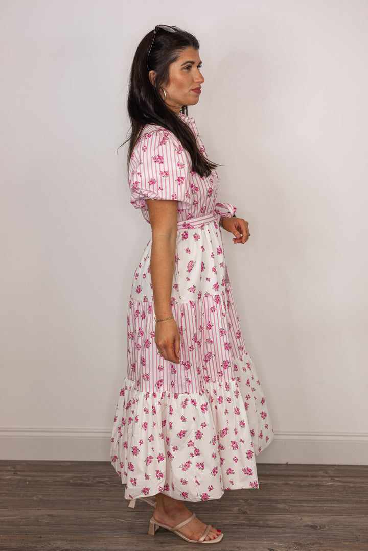 cotton pink white stripe floral midi dress