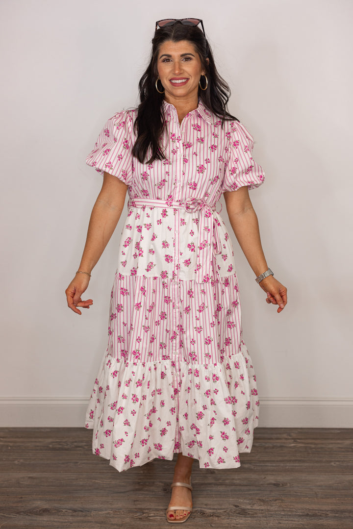 cotton pink white stripe floral midi dress
