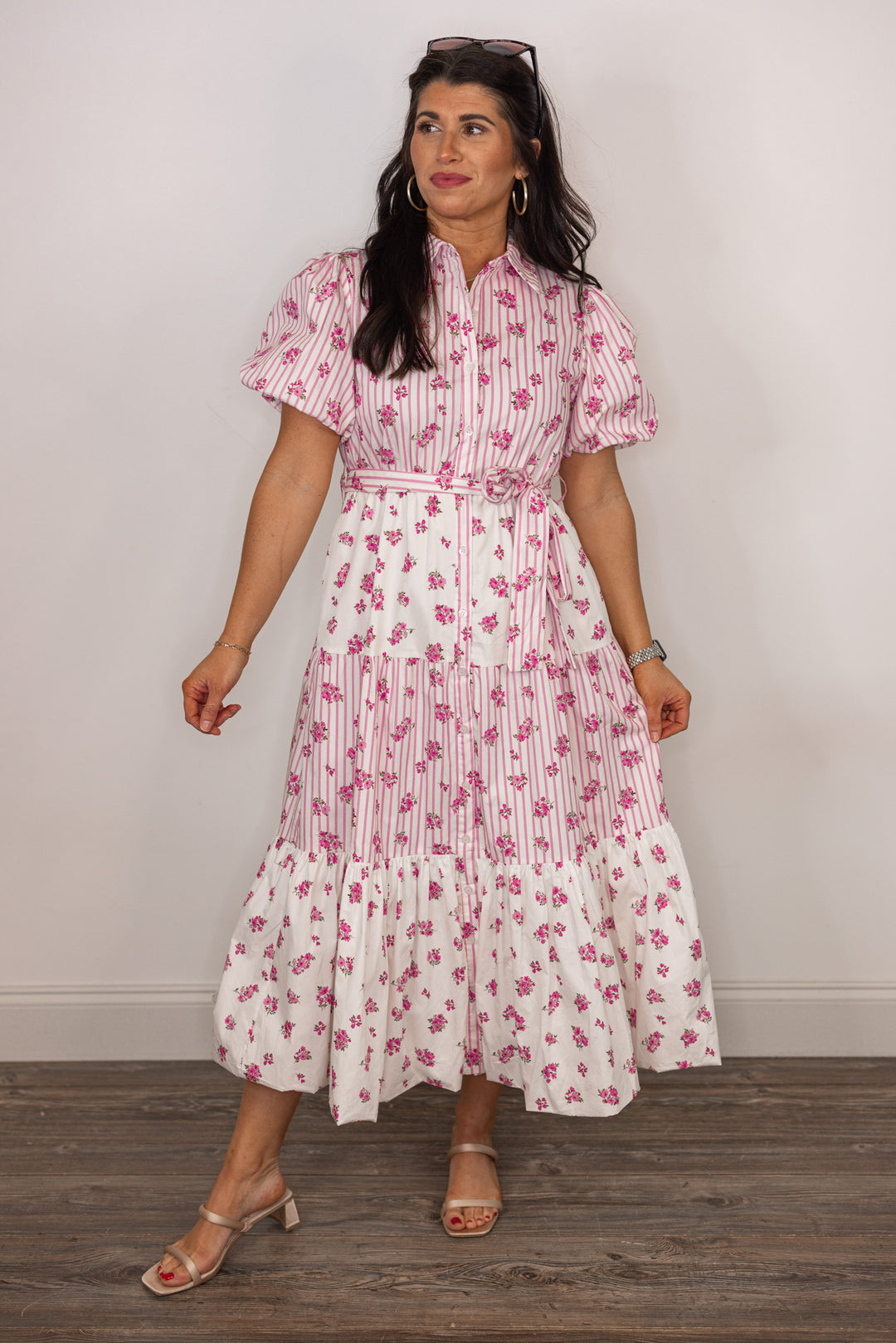 cotton pink white stripe floral midi dress
