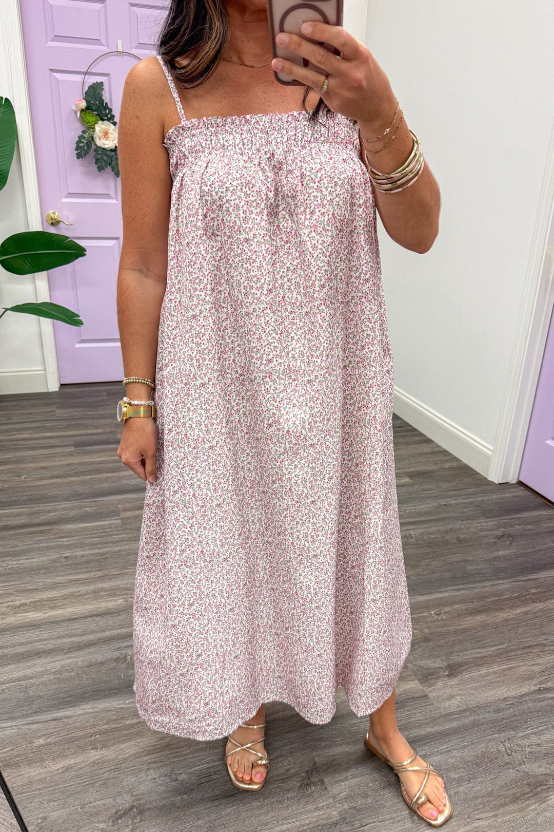 pink green and cream small floral print sleeveless spaghetti strap midi dress